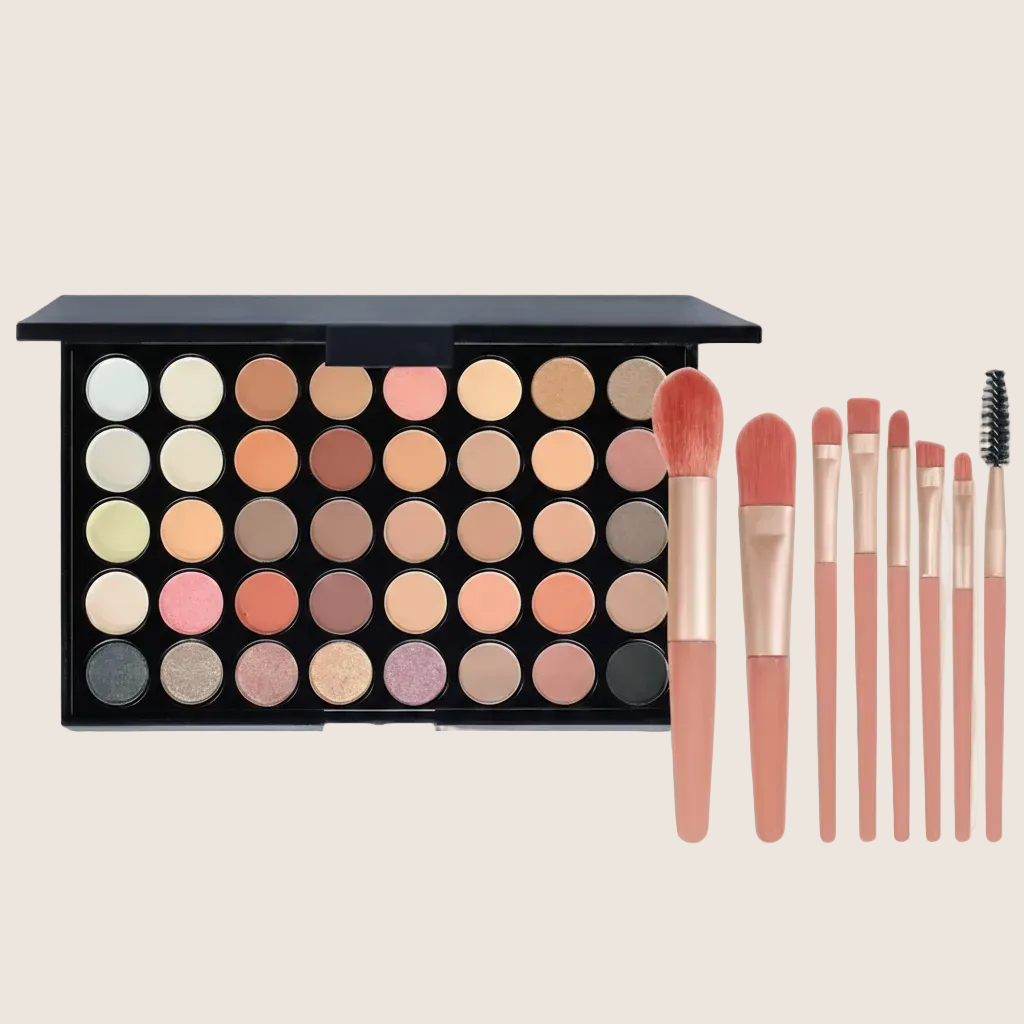40-Color Eyeshadow Palette with 8 Pink Brushes – Matte & Shimmer Long-Lasting Shades