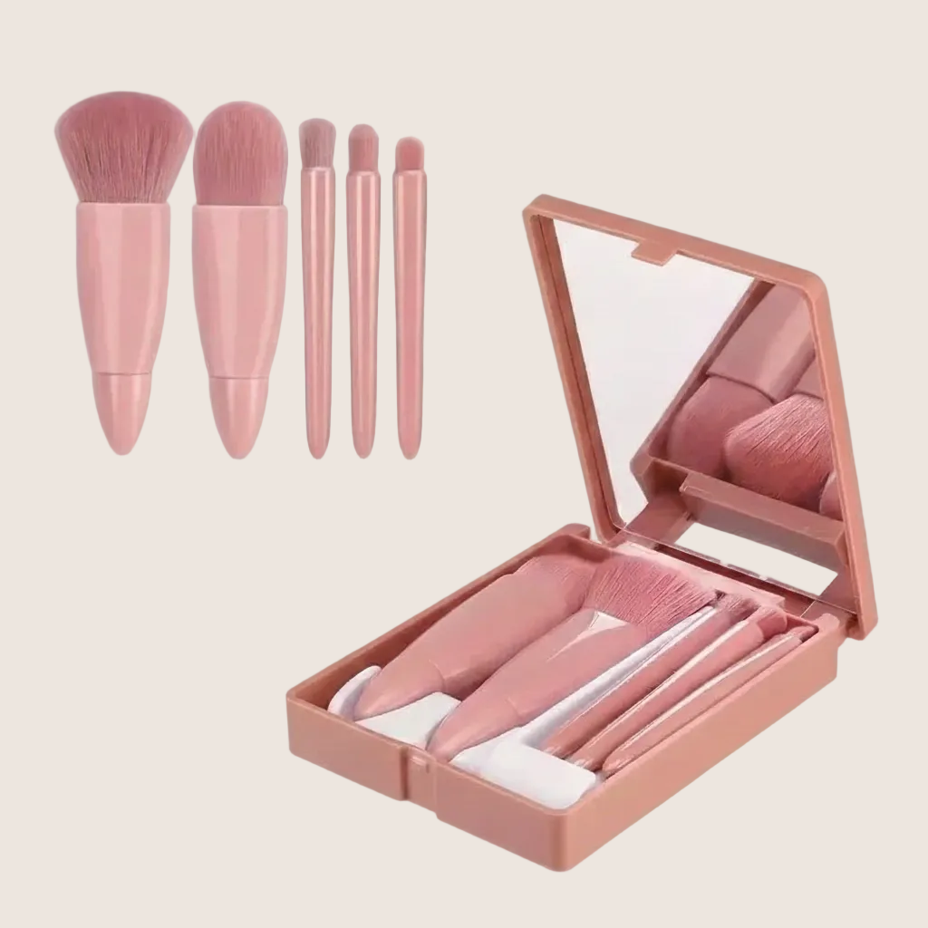 5-Piece Travel Size Makeup Brush Set – Compact Brushes with Case & Mirror