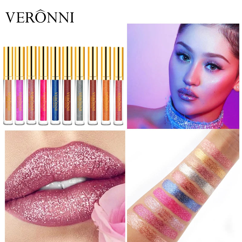 15-Color Glitter Liquid Lipstick Set – Waterproof Shimmer Gloss