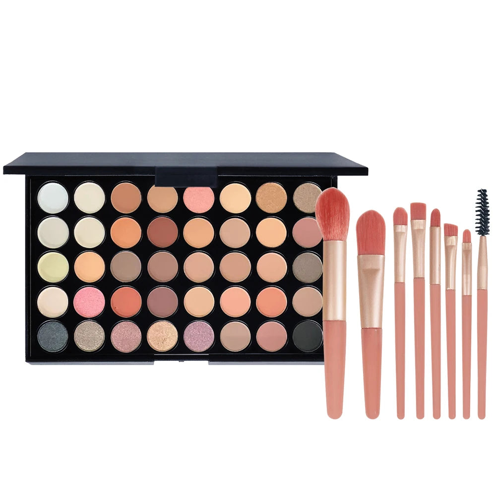 40-Color Eyeshadow Palette with 8 Pink Brushes – Matte & Shimmer Long-Lasting Shades